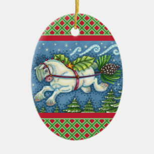 SÜßES FLIEGENDES WEIHNACHTSPFERD ZIEHT PINIENKAPSE KERAMIK ORNAMENT