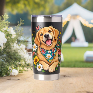 Süßes florales Golden Retriever-Digitaldesign mit Thermobecher