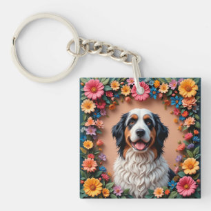 🐶 Süßes Fluffiges Hundeporträt mit Blumen für Tie Schlüsselanhänger