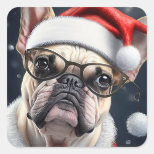 Süßes Französische Bulldogge Santa Weihnachts-Feie Quadratischer Aufkleber