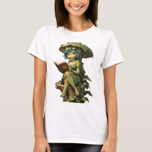 Süßes Froschmädchen liest Buch unter einem Blatt T-Shirt