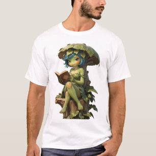 Süßes Froschmädchen liest Buch unter einem Blatt T-Shirt