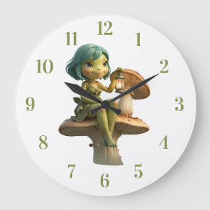 Süßes Froschmädchen mit Laterne auf Pilz Große Wanduhr