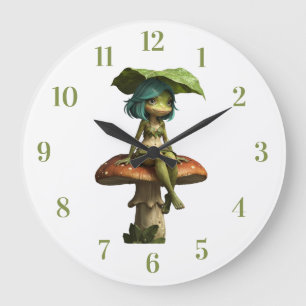 Süßes Froschmädchen sitzt auf einem Pilz Große Wanduhr