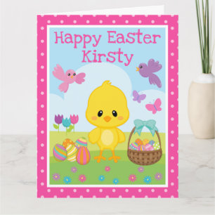 Süßes Frühlingsküken und Schokoladeneier Ostern Karte