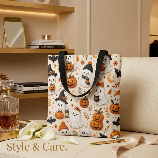 Süßes Geist- und Kürbis-Halloween-Muster Tasche (Cute Ghost & Pumpkin Halloween Pattern Tote Bag)