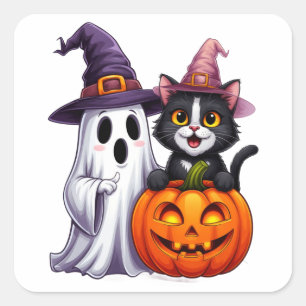 Süßes Geister-Schwarzkatzen-Kürbis-Halloween-T-Shi Quadratischer Aufkleber