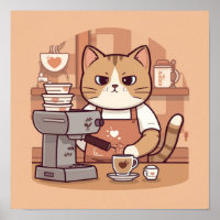 Süßes gemütliches Cartoon-Barista-Katzen-Poster