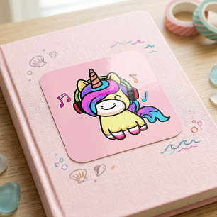 Süßes glückliches Kawaii-Baby-Einhorn mit Kopfhöre Quadratischer Aufkleber