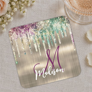 Süßes goldenes Einhorn Glitter Drips Monogramm Rechteckiger Pappuntersetzer