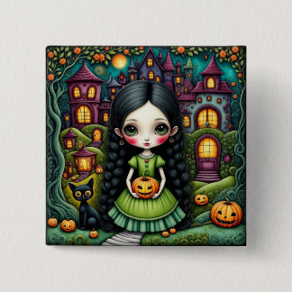 Süßes gothisches Mädchen-Kürbis-Halloween-Dorf Button