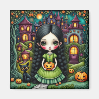 Süßes gothisches Mädchen-Kürbis-Halloween-Dorf Magnet
