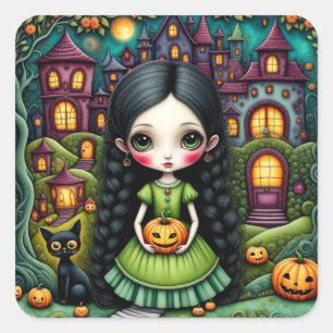 Süßes gothisches Mädchen-Kürbis-Halloween-Dorf Quadratischer Aufkleber