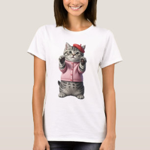 Süßes graues Tabby-Kätzchen mit rosa Strickjacke T-Shirt
