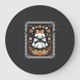 Süßes Halloween-Geist-Kürbis-Blumen-T-Shirt-Design Große Wanduhr
