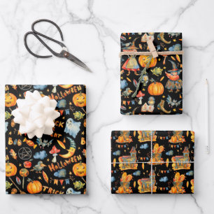Süßes Halloween   Hexen Kürbisse Geister Verzauber Geschenkpapier Set