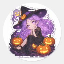 Süßes Halloween-Hexenmädchen-Kürbis-Sticker