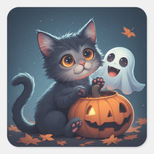 Süßes Halloween-Kätzchen mit Geist und Kürbis 🎃 Quadratischer Aufkleber