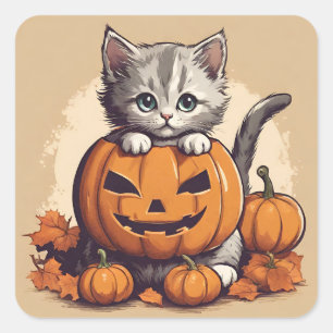 Süßes Halloween-Kätzchen und Jack-O'-Lantern Quadratischer Aufkleber