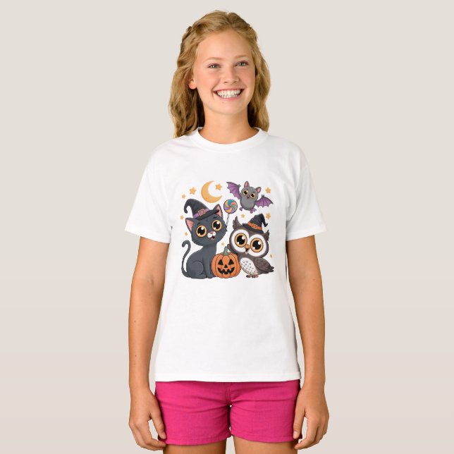 Süßes Halloween-Kinderkatze-Eule-T-Shirt T-Shirt (Vorne ganz)