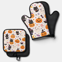 Süßes Halloween-Muster mit niedlichen Kürbissen Ofenhandschuh & Topflappen-Set