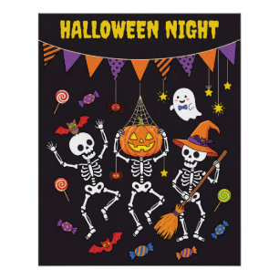 Süßes Halloween-Nacht-Tanzskelette-Poster Poster