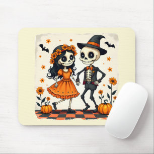 Süßes Halloween-Skelett-Paar in Orange Mousepad