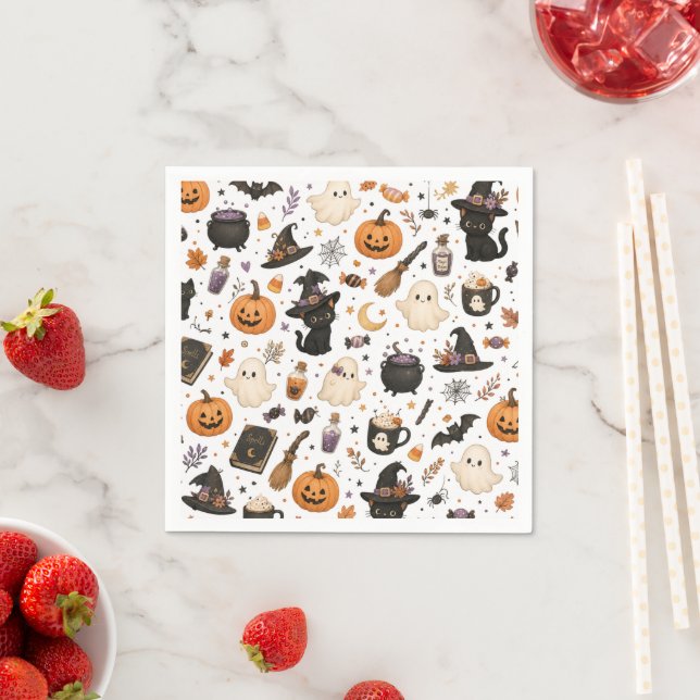 Süßes Halloween-Wasserfarbmuster mit schwarzen Kat Serviette (Beispiel)