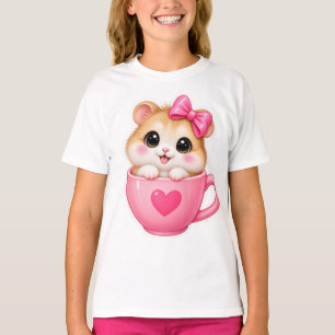 Süßes Hamster-in-einer-Tasse-Pink-Bow-Girls-T-Shir T-Shirt