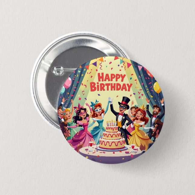 Süßes Happy Birthday-Masquerade-Thema Button (Vorne & Hinten)