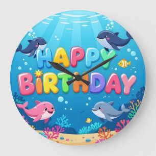Süßes Happy Birthday nautischer Delfin Große Wanduhr