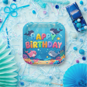 Süßes Happy Birthday nautischer Delfin Pappteller