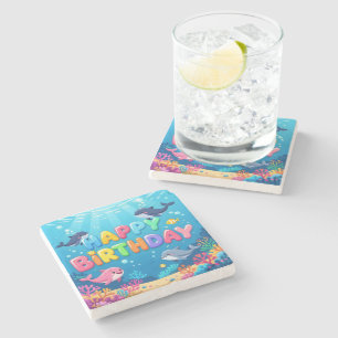 Süßes Happy Birthday nautischer Delfin Steinuntersetzer