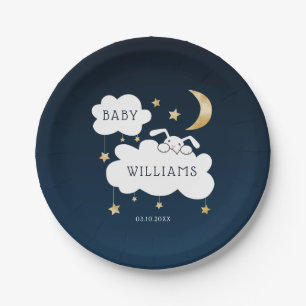 Süßes Häschen-Babyparty-Marine-Blau-Gold Pappteller