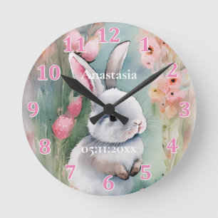 Süßes Häschen Pastell Wasserfarbe Frühlingsblumen Runde Wanduhr
