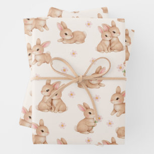 Süßes Häschen Rosa Blumenmuster Geschenkpapier Set