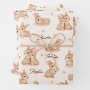 Süßes Häschen Rosa Blumenmuster Name Geschenkpapier Set
