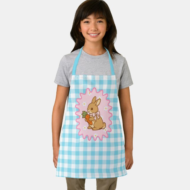 Süßes Hasen-Karotten- und Gänseblümchen-Gingham Schürze (Insitu)