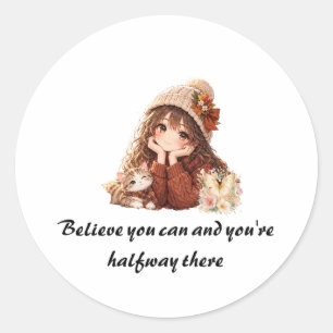 • Süßes Herbst-Anime-Mädchen und Kätzchen Motivati Runder Aufkleber