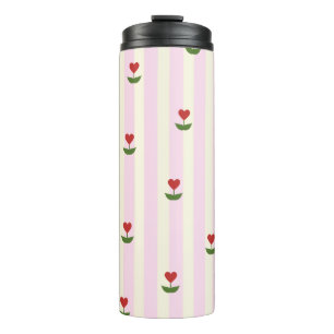 Süßes Herz-Blumenmuster – Sanft rosa gestreift Thermosbecher