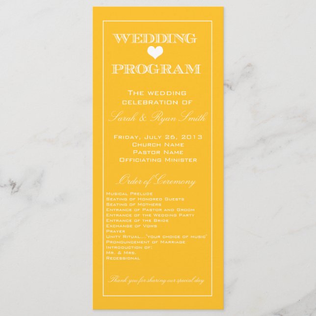 Süßes Herz Gelbes Hochzeitsprogramm Programm (Vorderseite)