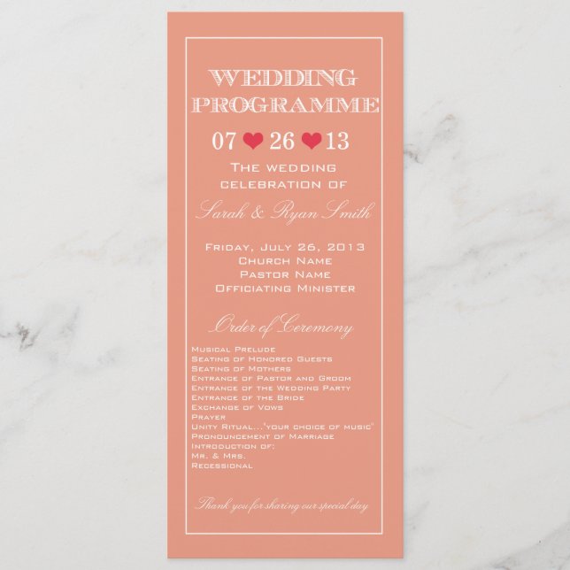 Süßes Herz Pfirsich Hochzeitsprogramm Programm (Vorderseite)