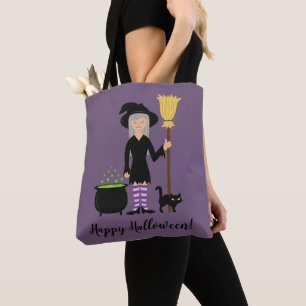 Süßes Hexenmädchen und eine Katze Frohes Halloween Tasche
