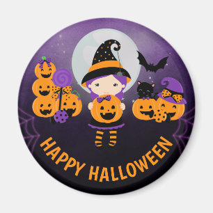 Süßes Hexenmädchen und Kürbisse Frohes Halloween Magnet