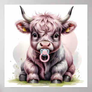 Süßes Highland-Baby mit Blumen – Bauernhof-Nursery Poster