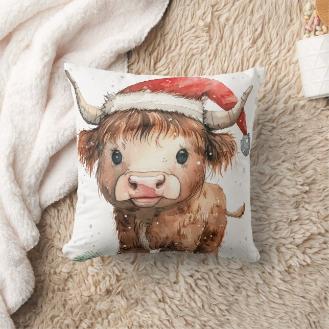 Süßes Hochland Kuh in Weihnachtsmannmütze Weiß Kissen (Decke)