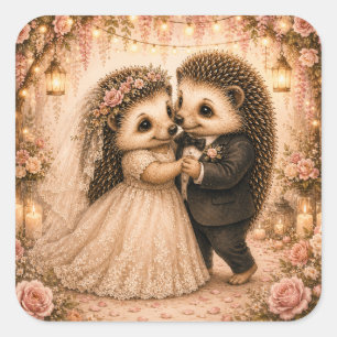 Süßes Hochzeit-Igel-Paar Quadratischer Aufkleber
