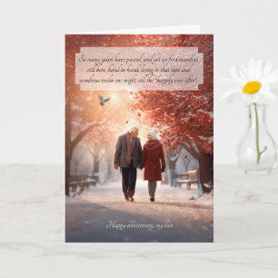 Süßes Hochzeitspaar im schneebedeckten Herbst Karte