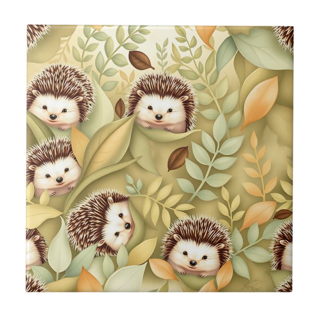 Süßes Igel-Herbstlaub-Muster Fliese (Vorderseite)