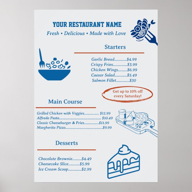 Süßes individuelles Restaurant-Geschäftsmenü Poster (Vorne)